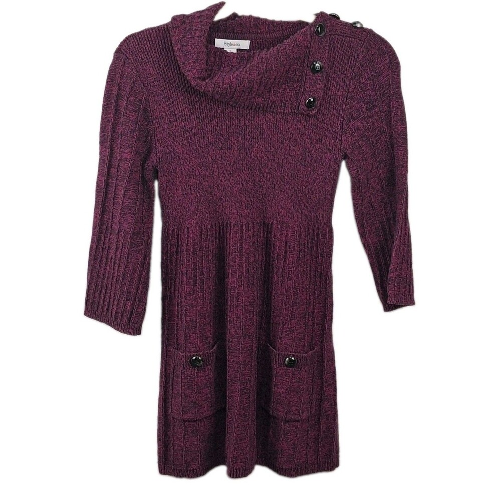 Purple Marled Knit Cowl Neck Sweater Dress Style & Co Size S Button Pocket Tunic